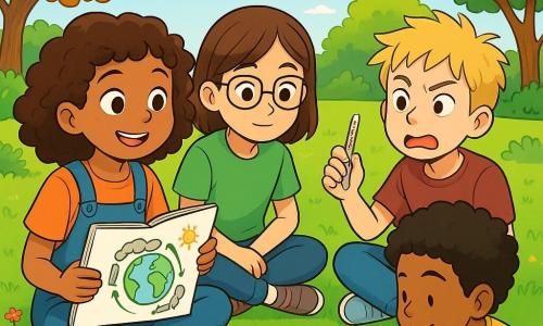 A 10-year-old girl, Mia, with curly brown hair, a curious smile, and sparkling eyes, is sitting on the green grass holding a sketchbook. She looks determined and enthusiastic, surrounded by scattered colored pencils. Next to her, Hana, another 10-year-old girl with glasses and straight hair, is attentively looking at Mia's sketchbook, appearing interested. Further away, Luca, a 10-year-old boy with messy blonde hair, is making faces while holding a thermometer, while Amir, a 10-year-old boy with curly black hair, is drawing plants on a piece of paper. The scene takes place in a sunny field with lush plants and colorful flowers, bordered by majestic trees whose leaves are starting to turn yellow. In the background, a light blue sky stretches out, dotted with a few fluffy white clouds. The main situation shows Mia and her friends brainstorming ideas to help their city address climate change, with expressions of concentration and creativity on their faces as they share thoughts and draw solutions on the ground.