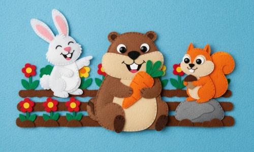 The cheerful, small marmot with soft brown fur and cream patches sits center biting a large orange carrot, round shiny eyes and visible teeth; friend Benny the fluffy white rabbit with a twitching pink nose laughs and points slightly left behind her, and Lucy the small red squirrel with mischievous eyes holds a nut on a rock to the right looking at the marmot; the colorful felt garden backdrop has rows of green felt vegetables, brown felt soil, red and yellow flowers and a pale blue sky, creating a playful warm scene with bright, simple shapes for toddlers.
