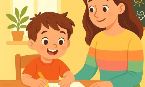 Um menino de 4 anos, com cabelos castanhos bagunçados e olhos brilhantes de curiosidade, está sentado a uma mesa de madeira, com um grande sorriso no rosto, segurando um caderno branco aberto à sua frente. Ele está concentrado e entusiasmado, cercado por lápis de cor espalhados ao seu redor. Sua pequena mão está desenhando um sol amarelo brilhante na primeira página do caderno. Ao lado dele, sua mãe, uma mulher de cerca de 30 anos, com cabelos longos e castanhos, veste um suéter macio e colorido. Ela se inclina levemente em direção a ele, com um olhar gentil e um sorriso caloroso, encorajando-o em sua criação. A cena acontece em uma cozinha iluminada, com paredes pintadas de amarelo pastel e uma janela que deixa entrar a luz do sol. Plantas verdes estão no parapeito da janela, e um quadro negro pendurado na parede exibe desenhos de crianças. O menino desenha com alegria, descobrindo a magia da expressão criativa, enquanto sua mãe o observa com orgulho, criando uma atmosfera de apoio e confiança.