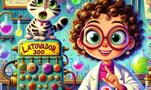 A história se passa no laboratório colorido de Lúcia, uma inventora entusiasmada. Ela é uma mulher de cerca de trinta anos, com cabelos cacheados e óculos redondos que escorregam pelo nariz. Seu rosto brilha com um grande sorriso enquanto segura um botão vermelho brilhante, pronta para ativar sua invenção excêntrica, o Gatovoador 3000. Ao lado dela, Tico, seu gato travesso, é um pequeno felino listrado com olhos verdes brilhantes. Ele está empoleirado em uma prateleira, parecendo curioso, mas um pouco apreensivo, observando os preparativos de Lúcia com uma pata levantada, como se hesitasse em pular. O laboratório é um lugar mágico, cheio de máquinas estranhas, livros espalhados, frascos coloridos e desenhos nas paredes. Nuvens de vapor colorido flutuam no ar, e bolhas de sabão saem de uma máquina em um canto. A cena principal mostra Lúcia prestes a pressionar o botão de sua invenção, enquanto Tico, com um olhar curioso e temeroso, se prepara para uma aventura inesperada. Efeitos de luz e cores vivas cercam a cena, adicionando um toque de magia a essa invenção excêntrica.