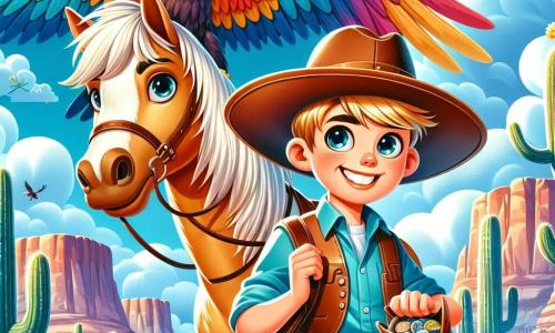 Un giovane cowboy, Sam, un ragazzo di circa 10 anni, indossa un grande cappello da cowboy marrone, un sorriso splendente e occhi pieni di curiosità. È in piedi accanto al suo fedele cavallo, Fulmine, un magnifico mustang dai crini dorati, che sembra impaziente di partire per un'avventura. Nel cielo, un maestoso aquila gigante con piume colorate di arcobaleno vola in cerchi, osservando la scena con uno sguardo saggio. La scena si svolge nella misteriosa Valle Incantata, dove cactus giganti dalle forme strane si ergono contro uno sfondo di rocce rosse e dune di sabbia dorata, sotto un cielo blu brillante punteggiato di nuvole bianche. Sam, tenendo un vecchio stivale pieno di pietre brillanti, guarda l'aquila con meraviglia, pronto a lanciarsi in una ricerca magica alla ricerca del tesoro nascosto.