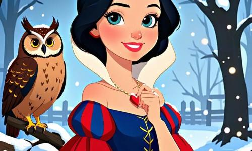 Snow White, a young woman with skin as pale as snow and hair as black as ebony, stands at the center of the scene, her face radiant with determination and hope. She wears a red and blue dress adorned with floral patterns, her eyes shining with a gentle and resolute glow. Beside her, a wise owl with brown and golden feathers perches on a branch, observing intently, its large round eyes filled with wisdom. A young fawn, with light brown fur speckled with white spots, timidly stands behind her, its curious eyes fixed on the magic of the forest. The setting unfolds in an enchanted clearing, surrounded by majestic trees with thick trunks and vibrant leaves, bathed in golden light filtering through the foliage. Colorful flowers in shades of pink, purple, and yellow blanket the ground, and a sparkling stream winds through the scene, adding a touch of freshness to the atmosphere. The main situation shows Snow White, arms open, calling for help from the forest creatures to save their habitat, while the owl and fawn listen attentively, ready to join her in this quest to restore the magic of their world.