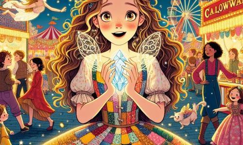 A 12-year-old girl named Lucy, with long curly hair and sparkling curious eyes, stands at the center of the scene, holding a shining crystal in her hands, her face lit up with wonder and joy. She wears a colorful patchwork dress adorned with festive patterns that dances around her as she prepares to reveal the secret of the carnival. Beside her, a delicate fairy with shimmering wings, golden hair, and a dress made of flower petals smiles kindly, hovering slightly above the ground, encouraging Lucy in her quest with eyes bright with excitement. In the background, children laugh and play, wearing colorful masks and vibrant costumes, while adults bustle around food and game stalls, creating a joyful and lively festive atmosphere. The setting is the heart of the Willowtown carnival, with twinkling light garlands hanging between trees, brightly decorated stalls, and a slowly turning illuminated Ferris wheel, adding to the magic of the event. The main situation shows Lucy discovering the magical crystal, a moment of revelation where she realizes she has an essential role in preserving the joy and magic of the carnival, surrounded by the festive energy around her.