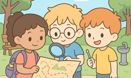 There are 3 characters: Maya, a 10-year-old girl with curly brown hair tied in a ponytail, carrying a purple backpack filled with 