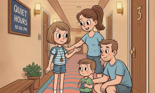 A slim 10-year-old girl with light brown bobbed hair and a gentle face with large expressive eyes, calmly determined, extends her hand politely asking for silence; she wears a blue-and-white striped t‑shirt, jean shorts, sandals, and a small wooden pendant on her backpack. Behind her a reassuring mother with brown hair in a ponytail stands a few steps back, smiling and encouraging with a hand on the girl's shoulder. In the foreground a man in his thirties with light stubble, crouched in a t‑shirt and shorts, speaks quietly to a ~6-year-old boy holding a small rubber ball and takes the ball to calm him. The hotel corridor is lit by warm wall lamps, coral-and-blue wavy carpet, wooden numbered doors in white frames, a wall sign reading 