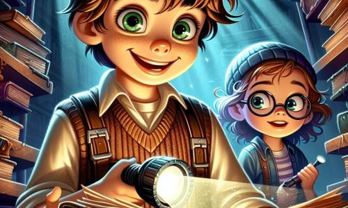 A 12-year-old boy, Oliver, with messy brown hair and sparkling curious eyes, stands in the center of a dark room, holding an old dusty book open in his hands. His expression shows excitement mixed with wonder, his brows slightly furrowed and a wide smile lighting up his face. Next to him, Bella, a 12-year-old girl with curly hair and round glasses, attentively observes the book, her face focused and determined, ready to solve the mystery. Max, a 12-year-old boy with blonde hair and a backwards cap, stands slightly back, holding a flashlight that illuminates the book, his gaze filled with awe and curiosity. The scene takes place in an ancient library, with dark wooden shelves filled with dusty books, cobwebs in the corners, and rays of light filtering through large dusty windows. The three friends discover a mysterious ancient book revealing a treasure map, ready to dive into a new adventure, surrounded by the intriguing and mysterious atmosphere of the library.