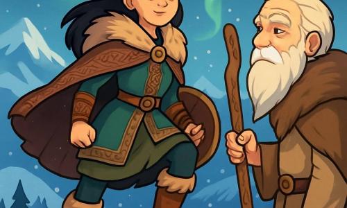 Freya, a young Viking woman with ebony black hair, stands proudly at the top of a sparkling snow-covered mountain. Her face expresses determination and bravery, her eyes shining like fjords under the moonlight. She wears a thick fur cloak adorned with Nordic patterns and sturdy leather boots, ready to face the elements. Beside her, the village Elder, a man around 70 with a long white beard and deep wrinkles, observes wisely. He is dressed in a linen tunic and a fur coat, holding a staff engraved with ancient runes, standing slightly back with a benevolent gaze on Freya. The landscape is a vast panorama of majestic mountains covered in shimmering snow, under a night sky illuminated by northern lights in shades of green and purple. Snowflakes gently fall, adding a touch of magic to the scene. Freya prepares to confront the wall of snow before her, determined to prove her strength and courage. The tension of the moment is palpable as she gets ready to climb this mountain, a symbol of her initiatory journey.
