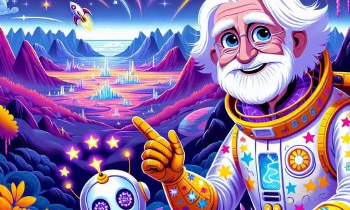 Um homem de aproximadamente 60 anos, o Dr. Estelar, está no centro da imagem, com cabelos brancos como nuvens e olhos azuis brilhantes de excitação. Ele usa um traje espacial colorido, decorado com padrões de estrelas, e sorri amplamente enquanto aponta para um novo planeta brilhante no céu. Ao seu lado, sua fiel assistente robô, Estela, uma pequena criatura metálica com olhos luminosos e braços articulados, flutua alegremente. Ela emite luzes cintilantes, adicionando um toque mágico à cena. Ao fundo, uma paisagem extraterrestre encantadora se desenrola: montanhas coloridas em tons roxos e laranjas, árvores com folhas luminosas e um céu estrelado salpicado de planetas cintilantes. A situação principal mostra o Dr. Estelar e Estela, maravilhados, observando sua nova colônia neste mundo desconhecido, prontos para construir um futuro radiante juntos.