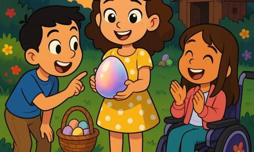 Três crianças: Sofia, 8 anos, cabelos castanhos encaracolados, olhos verdes, vestido amarelo com bolinhas brancas, segura ao centro um grande ovo de Páscoa brilhante; Miguel, 8 anos, cabelo curto preto, pele clara, camiseta azul, à esquerda inclinado com entusiasmo; Ana, 8 anos, cabelo liso castanho, pele morena, jaqueta rosa, à direita numa cadeira de rodas decorada com flores, aplaudindo. No jardim ao crepúsculo: relva, canteiros de flores vermelhas, amarelas e violetas, uma casinha de madeira ao fundo, pedra plana onde o ovo foi encontrado, luz quente do pôr do sol. Cena principal: as crianças reunidas maravilhadas em torno do ovo nacarado encontrado debaixo da pedra, migalhas de papel no chão e um cesto de vime com ovos ao fundo, atmosfera calorosa e mágica.