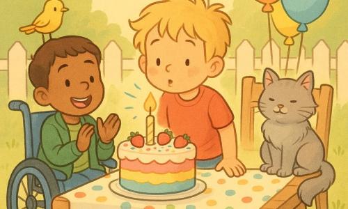 Four characters: Max, a 7-year-old blond boy in a red T-shirt and blue shorts, stands center blowing out a candle on a colorful tiered cake; Leo, a 7-year-old brown-haired boy in a green jacket, sits in a blue wheelchair to Max’s left, smiling and clapping; a bright yellow bird perches on the fence behind the table; Whiskers, a fluffy gray cat, sits on the table to the right of the cake. Setting: sunny garden with green lawn, a wooden table covered by a polka-dot cloth, multicolored balloons tied to a chair, a white fence and small pink and yellow flowers at the lawn edge. Main scene: birthday moment at sunset light—friends applaud as Max blows a single large candle on a cake topped with sugar sparkles and strawberries, warm joyful expressions.