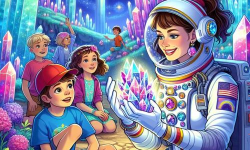Eine Astronautin, Dr. Lena Stern, steht im Vordergrund, eine Frau mit braunen, zu einem Pferdeschwanz gebundenen Haaren, die einen weißen Raumanzug mit farbigen Akzenten trägt. Sie lächelt strahlend und hält einen funkelnden Kristall in den Händen, fasziniert von seiner Schönheit. Neben ihr steht ein etwa 8-jähriger Junge mit einer roten Kappe, der mit weit aufgerissenen Augen den Kristall betrachtet. Er trägt ein blaues T-Shirt und Shorts und steht leicht im Hintergrund, den Blick auf Lena gerichtet. Hinter ihnen sitzt eine Gruppe von vier Kindern, zwei Mädchen und zwei Jungen, auf dem Boden, umgeben von bunten, im Licht eines sternenklaren Himmels funkelnden Kristallen. Die Kinder lachen und staunen, was eine fröhliche und neugierige Atmosphäre schafft. Die Szene spielt in einer außerirdischen Landschaft des Planeten Glitzera, mit riesigen Kristallen, die wie funkelnde Bäume emporragen und den Boden in leuchtenden Farben – Blau, Violett, Rosa und Grün – erhellen. Der Himmel ist mit funkelnden Sternen gefüllt, und ein sanftes goldenes Licht durchflutet die Szene, was eine magische Stimmung erzeugt. Die Hauptsituation zeigt, wie Lena ihre Entdeckung mit den Kindern teilt, ihnen die Schönheit der Kristalle erklärt und sie ermutigt, groß zu träumen, während sie gemeinsam die Wunder des Universums entdecken.