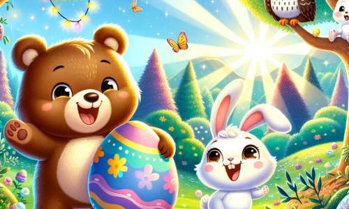 Ein kleiner brauner Bär namens Bruno, mit weichem Fell und funkelnden Augen, steht vor einem großen, bunten Osterei und lächelt begeistert. Neben ihm hüpft ein kleiner weißer Hase namens Hopsi, mit großen Ohren und einem neugierigen Gesicht, voller Freude in die Luft. Eine weise Eule namens Ella, mit großen runden Augen und braunen Federn, sitzt auf einem Ast und beobachtet die Szene mit einem wohlwollenden Lächeln. Die Kulisse ist ein wunderschöner Frühlingswald, gefüllt mit leuchtenden Blumen und Sonnenstrahlen, die durch die grünen Blätter scheinen. Im Hintergrund verleihen majestätische Bäume und bunte Büsche dem Ort einen Hauch von Magie. Die Hauptsituation zeigt Bruno, Hopsi und Ella, die die Entdeckung des Ostereis feiern, umgeben von Lachen und Freude, bereit, ihr Fest zu beginnen.