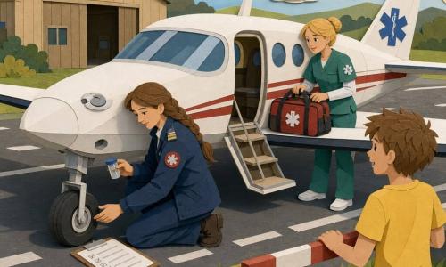 A female pilot in her thirties with brown hair in a long braid, a soft focused face and serene smile, wearing a dark blue pilot jacket with a red medical insignia, kneels by the nose wheel checking the tires and holding a small fuel sampling cup; a nurse (Tessa), about 30–35, fair skin, blonde hair in a bun and green medical uniform, stands at the plane door adjusting a medical bag and looks at the pilot with complicity; an 11‑year‑old boy (Leo) with tousled chestnut hair, amazed eyes, in a yellow T‑shirt and jeans stands behind the painted safety line with his hands on the barrier watching admiringly; a small white light aircraft with a red stripe and blue medical symbol on the tail, round windows, smooth wings and an extended folding step; a small airfield on a clear morning with a beige wooden hangar, grey runway with white markings, green grass and wildflowers at the tarmac edge, a pale sky with soft cutout clouds and a low sunbeam; overall a calm, methodical preflight inspection before a medical mission, precise gestures (checking tires, fuel cap, visible checklist), expressions of kind seriousness and an atmosphere of preparation and trust.