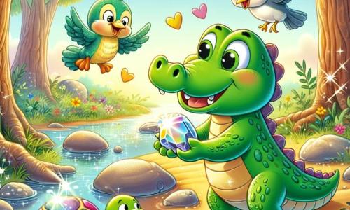 Un piccolo coccodrillo di nome Cocco, con una pelle verde brillante e grandi occhi curiosi, si trova sulla riva di un ruscello, sorridente, mentre tiene una pietra lucente tra le sue piccole zampe. Accanto a lui, Tino, un uccello con piume gialle e blu, vola allegramente intorno, mentre Lalla, una tartaruga dal guscio colorato, avanza lentamente sul terreno, con gli occhi brillanti di eccitazione. Il luogo è una foresta magica, con alberi maestosi dai tronchi spessi, fiori multicolori che danzano nel vento e un ruscello scintillante che serpeggia tra le rocce. La luce del sole filtra tra le foglie, creando ombre danzanti sul terreno. Cocco scopre la pietra della saggezza, circondato dai suoi amici, e insieme si preparano a partire per un'avventura, pieni di coraggio ed entusiasmo.