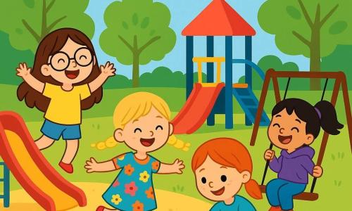 W parku bawi się czterech dzieci: Hania (6 lat, długie brązowe włosy, okrągłe okulary, żółta koszulka, dżinsowe szorty), Zosia (5 lat, blond włosy w warkoczach, kolorowa sukienka w kwiaty, kręci się obok piaskownicy), Ola (6 lat, rude włosy, piegi, niebieska koszulka, różowe spodnie, klęczy z małym wiaderkiem przy placu zabaw), Majka (5 lat, czarne włosy w kucyku, fioletowa bluza, siedzi na huśtawce i głośno się śmieje). W parku są zielone drzewa, jasnoniebieskie niebo i kolorowy plac zabaw z huśtawkami, zjeżdżalniami i piaskownicami. Dzieci bawią się razem, Hania skacze wokół Zosi, Ola bawi się wiaderkiem, a Majka huśta się, tworząc radosną atmosferę.