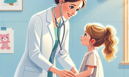 Dr Anna to kobieta w wieku około trzydziestu lat, z długimi brązowymi włosami związanymi w elegancki kok. Ma ciepły uśmiech i stetoskop na szyi, uważnie badając małą dziewczynkę. Jej oczy błyszczą empatią i determinacją. Mała dziewczynka, Zosia, ma około 6 lat, ma kręcone blond włosy i zmartwioną twarz. Trzyma w ramionach pluszowego misia, siedząc na stole do badania, z nadzieją patrząc na Dr Annę. Miejsce to jasna i przyjazna przychodnia lekarska, z pastelowo niebieskimi ścianami i kolorowymi rysunkami zwierząt na ścianach. Na podłodze porozrzucane są drewniane zabawki, a okno wpuszcza światło słoneczne, tworząc ciepłą atmosferę. Główna sytuacja pokazuje Dr Annę, która uspokaja Zosię, delikatnie tłumacząc jej, że pomoże jej poczuć się lepiej, jednocześnie starannie badając jej stan zdrowia.