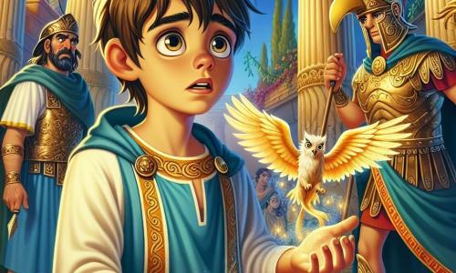 Lucio, un joven de 12 años con cabello castaño desordenado y ojos llenos de curiosidad, se encuentra en el centro de la escena, con la boca ligeramente abierta, expresando tanto asombro como miedo. Lleva una túnica azul con motivos dorados y en su mano sostiene una pequeña varita mágica brillante. A su derecha, un guerrero romano de aproximadamente 30 años, con una brillante armadura de bronce y un casco con plumas, observa a Lucio con desconfianza, con los brazos cruzados. A su izquierda, una criatura mágica, un grifo de plumas doradas y ojos penetrantes, se acerca a él, curiosa, con las alas desplegadas y listas para volar. La escena tiene lugar en el Foro romano, rodeado de columnas majestuosas, estatuas vivientes y vegetación exuberante. El cielo es de un azul profundo con nubes blancas, y una luz dorada ilumina el suelo pavimentado. Lucio, perdido en el tiempo, intenta comprender su entorno mágico, mientras el guerrero y el grifo lo observan, cada uno listo para reaccionar a sus próximas acciones.
