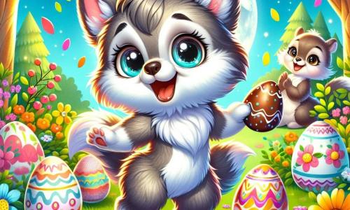 Un pequeño lobo llamado Lupi, con un suave pelaje gris y ojos brillantes de alegría, baila felizmente en el centro de un claro de luna, rodeado de flores coloridas y huevos de Pascua decorados. Tiene una gran sonrisa en su rostro, mostrando su entusiasmo por la fiesta. A su lado, una pequeña ardilla llamada Susi, con pelaje marrón claro y una cola esponjosa, aplaude riendo, con sus ojos brillando de emoción. Sostiene un huevo de chocolate decorado en sus pequeñas patas, lista para mostrárselo a Lupi. El lugar es un hermoso parque primaveral, lleno de flores brillantes, árboles verdes y un cielo azul claro, donde los rayos de sol se filtran a través de las hojas, creando una atmósfera alegre y festiva. La situación principal muestra a Lupi y Susi celebrando la fiesta de Pascua, rodeados de sus amigos animales, en un ambiente de felicidad y compartir, con risas y canciones resonando a su alrededor.