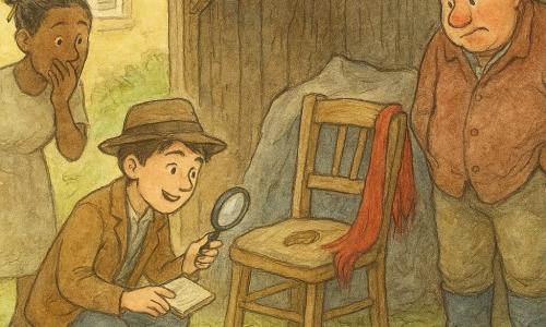 Un chico detective Damián (~16) arrodillado ante una vieja silla de madera cubierta parcialmente por una lona, con una lupa y un cuaderno abierto, cara concentrada y sonriente; a su derecha, Benito (~45), alto y fornido, botas azules embarradas, rostro sonrojado y avergonzado, manos en los bolsillos; a la izquierda, Rita (~30), secretaria menuda con lápices de colores en el cabello y vestido sencillo, se cubre la boca riendo nerviosa junto a la entrada del cobertizo y migas de galleta en el suelo; pequeño cobertizo de madera en el jardín detrás de un edificio amarillo (posada/ayuntamiento), tablones gastados, hierba húmeda, huellas de barro y luz suave de final de la tarde, ventana abierta al fondo; situación: hallazgo de la silla desaparecida bajo la lona, ambiente de alivio y ligera confusión; detalles visibles: bufanda roja colgando del respaldo, paquete de galletas aplastado y una llave oxidada parcialmente oculta bajo el cojín.