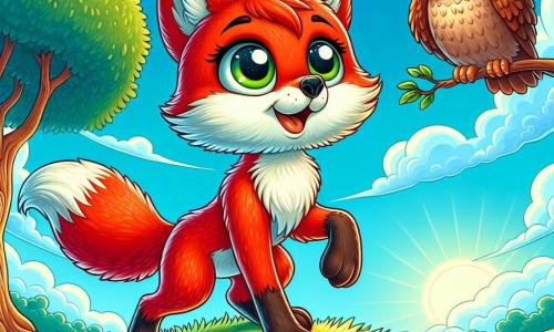 Un giovane volpe dal pelo rosso vivo, con grandi occhi brillanti e un'espressione di curiosità mista a meraviglia, si trova sulla cima di una collina verdeggiante, con le zampe leggermente divaricate, pronto a saltare. Vicino, un saggio gufo dalle piume brune e dagli occhi rotondi, con un'espressione calma e riflessiva, osserva la volpe con benevolenza, posato su un ramo di una vecchia quercia. Il cielo è di un blu splendente, punteggiato di nuvole bianche e soffici, mentre il sole sorge all'orizzonte, illuminando il paesaggio con una dolce luce dorata. La scena principale mostra la volpe, ispirata dal vento che soffia intorno a lei, pronta a saltare per toccare i cieli, simboleggiando il suo desiderio di libertà e avventura.