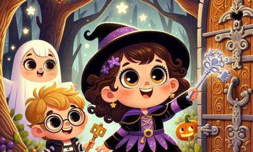 Una bambina di 3 anni, Sofia, con grandi occhi brillanti e capelli ricci castani, indossa un costume da strega nero e viola. Ha un sorriso meravigliato mentre tiene in mano una chiave d'argento scintillante. Accanto a lei, Marco, un ragazzo di 4 anni con capelli biondi e occhiali rotondi, guarda la chiave con curiosità, mentre Giulia, una bambina di 3 anni con capelli lisci e neri, indossa un costume da fantasma e sorride gioiosamente. Si trovano in una foresta misteriosa, dove grandi alberi dai tronchi nodosi si ergono verso il cielo stellato, e luci scintillanti fluttuano attorno a loro, creando un'atmosfera magica. Al centro della scena, è visibile una porta di legno decorata con motivi strani, circondata da rovi e foglie dorate. La situazione principale mostra Sofia che inserisce la chiave d'argento nella serratura della porta, pronta a scoprire il regno magico di Halloween, mentre i suoi amici la incoraggiano con eccitazione e meraviglia.