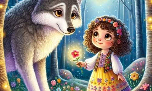 Una niña de 4 años, llamada Ana, está en el centro de la escena, con grandes ojos curiosos y una sonrisa cálida. Tiene el cabello rizado y castaño, y lleva un vestido colorido adornado con flores. Ana extiende la mano hacia un gran lobo a su lado, mostrando una expresión de compasión y determinación. El lobo, que parece majestuoso y un poco triste, tiene pelaje gris y ojos brillantes llenos de gratitud. Está sentado sobre sus patas traseras, mirando a Ana con admiración. El escenario se encuentra en un claro encantado del bosque, rodeado de grandes árboles y flores coloridas que bailan al viento. Un suave rayo de luna ilumina la escena, creando una atmósfera mágica y cálida. La situación principal muestra a Ana, con una mirada valiente, extendiendo una hermosa flor luminosa al lobo, simbolizando la amistad y el valor, mientras el lobo parece dispuesto a aceptar su ayuda para romper el hechizo que lo retiene.
