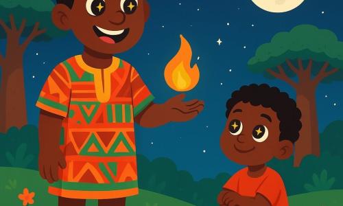 Un hombre llamado Kofi, alto y sonriente, con ojos brillantes como estrellas, se encuentra en la cima de una colina. Lleva una túnica de tela colorida, adornada con motivos africanos, y mira con asombro una pequeña llama dorada que danza frente a él. A su lado, un niño de unos 8 años, con cabello rizado y ojos chispeantes, está sentado en la hierba, sonriendo y admirando el fuego. El paisaje está lleno de baobabs majestuosos con troncos anchos y frondosos, bajo un cielo estrellado donde la luna brilla como una calabaza blanca. La colina es suave y verde, salpicada de flores coloridas que añaden magia a la escena. Kofi acaba de encender una llama suave y cálida, símbolo de compartir y amor, mientras el niño lo observa con ojos maravillados, listo para escuchar una historia.