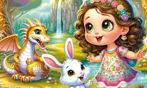 Al centro dell'immagine, una bambina di 2 anni, Lalla, con grandi occhi brillanti e capelli ricci castani, indossa un vestito colorato a fiori. Sorride con meraviglia, tenendo uno zainetto a forma di coniglio, pronta a esplorare il mondo magico intorno a lei. Alla sua destra, un coniglietto bianco dalle grandi orecchie e pelo morbido, che sembra felice e amichevole. Salta allegramente, invitando Lalla a seguirlo nella sua avventura. Sullo sfondo, un maestoso bosco incantato, con alberi dai tronchi dorati e foglie scintillanti, dove fiori multicolori danzano al vento. Un ruscello scintillante serpeggia nel paesaggio, riflettendo i colori dell'arcobaleno nel cielo. La scena principale mostra Lalla e il coniglietto mentre scoprono un drago triste seduto su una grossa pietra, con lacrime brillanti sulle sue guance squamose. Si trovano davanti a lui, pronti ad aiutarlo a ritrovare la sua gemma magica perduta, creando un'atmosfera di avventura e amicizia.