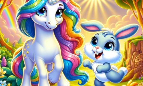 In the center of the image, a beautiful unicorn named Lila stands proudly. She has a bright white coat that shines in the sun, with a rainbow mane that sparkles like stars. Her large, sparkling eyes reflect excitement and curiosity as she leans slightly forward, ready to explore. Beside her, a small blue rabbit named Benny, with fluffy ears and bright eyes, hops joyfully. He has a beaming smile and looks full of energy, admiring Lila. The setting is an enchanted forest filled with golden-trunked trees and colorful flowers dancing in the wind. Rays of light filter through the foliage, creating a magical and warm atmosphere. The scene captures the moment when Lila and Benny discover an ancient rock adorned with mysterious engravings, illuminated by a soft glow. They are about to begin their quest to find the Gem of Friendship, filled with enthusiasm and adventure.