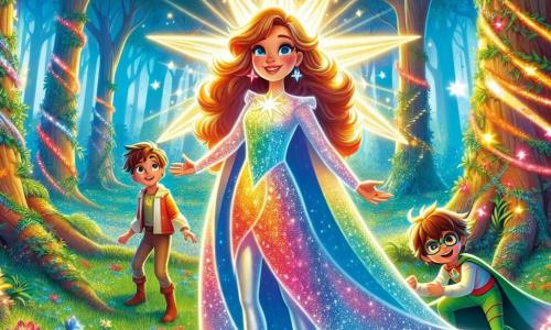Estrella-Luz, uma mulher heroica com cabelos brilhantes como estrelas e um sorriso radiante, está no centro da cena, com os braços abertos e um olhar determinado. Ela usa um traje cintilante nas cores do arco-íris que reflete a luz do sol. Ao seu lado, Luminar, um garoto de cerca de 10 anos, cria luzes coloridas que dançam ao seu redor, com os olhos brilhando de alegria. Um pouco afastada, Flora, uma menina de 9 anos, toca o chão com as mãos, fazendo flores vibrantes e plantas luxuosas crescerem ao seu redor, seu rosto radiante de felicidade. A cena ocorre em uma clareira encantada no coração de uma floresta verdejante, onde grandes árvores formam um teto natural. Raios de sol filtram-se através dos galhos, iluminando o chão coberto de flores coloridas e pequenos animais curiosos. Os jovens heróis se preparam para enfrentar um desafio juntos, unindo seus poderes para salvar animais presos, com uma atmosfera de camaradagem e aventura no ar.