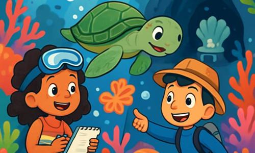 Há 3 personagens: - Lara: uma menina de 10 anos, com cabelos cacheados e castanhos, vestindo um maiô colorido e uma máscara de mergulho na testa. Ela segura um caderno em uma mão e olha maravilhada ao seu redor. - Tiago: um menino de 10 anos, com cabelos curtos e pretos, usando um chapéu de explorador e um traje de mergulho azul. Ele aponta para um lindo coral em forma de flor, com um grande sorriso no rosto. - Tuga: uma grande tartaruga marinha, com uma carapaça verde e olhos suaves, nadando graciosamente ao lado de Lara e Tiago, como um guia amigável. O local é um recife de coral subaquático, repleto de corais coloridos em rosa, laranja e roxo, com peixes multicoloridos nadando ao redor. Raios de sol filtram-se através da água clara, criando brilhos cintilantes na areia fina do fundo do mar. A cena principal mostra Lara e Tiago, maravilhados, explorando o recife de coral, enquanto Tuga os acompanha, guiando-os em direção a uma caverna misteriosa onde há um trono feito de conchas brilhantes. Bolhas de ar escapam de seus respiradores, adicionando um toque mágico a esta cena subaquática.