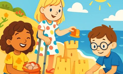 There are 3 characters: Maya, a 10-year-old girl with curly brown hair, wearing a yellow floral t-shirt and denim shorts, sitting on the sand, smiling while holding a bucket full of seashells; Zoe, a 10-year-old girl with straight blonde hair using crutches, dressed in a colorful polka dot dress, standing next to Maya and building a sandcastle with a mold; and Sam, a 7-year-old boy with brown hair and glasses, wearing a blue t-shirt and shorts, crouching near the water, collecting small crabs in a bucket. The setting is a sunny beach with a bright blue sky and gentle waves lapping at the shore, with golden sand dunes and colorful wildflowers in the background. The main scene shows the three friends building a large sandcastle, surrounded by laughter and seashells, as the sun shines and seagulls fly above them.
