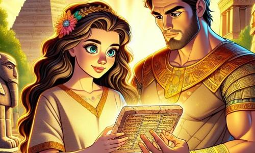A young woman named Zara, around 20 years old, stands at the center of the image, her eyes shining with curiosity and wonder. She has long wavy brown hair, wearing a beige linen tunic adorned with golden patterns, and holds an ancient clay tablet that emits a soft glow. Beside her is King Gilgamesh, a muscular man of about 30, dressed in bronze armor and a royal cloak, looking at Zara with admiration and wisdom. In the background, the majestic palace of Uruk rises, with its imposing ziggurats and lush gardens bathed in the golden light of the setting sun. The scene conveys an atmosphere of mystery and adventure as Zara and Gilgamesh explore the secrets of the ancient tablet, surrounded by the echoes of forgotten stories.