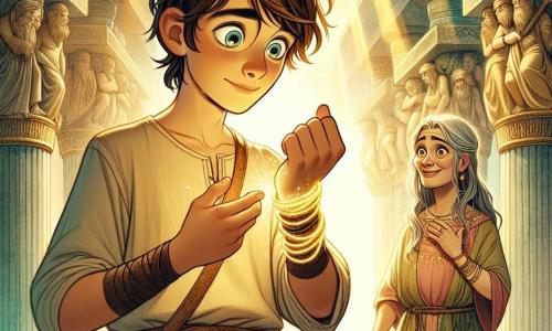 A young man named Theo, around 16 years old, stands at the center of the scene. He has messy brown hair and sparkling curious eyes, wearing a simple beige linen tunic and leather pants. His expression is both amazed and determined as he observes a shimmering bracelet on his wrist, emitting a soft golden glow. Beside him, Elara, a woman about 60 years old with silver hair and wise eyes, stands slightly back. She wears a long dress adorned with floral patterns and holds a carved wooden staff, looking at Theo with an encouraging smile. The setting is an ancient mythical temple, with time-worn marble walls decorated with statues of forgotten gods. Tall columns rise to a vaulted ceiling, allowing beams of golden light to filter through cracks. The main situation shows Theo, awed by the discovery of his magical bracelet, while Elara encourages him to embrace his destiny, surrounded by a mystical and enchanting atmosphere.