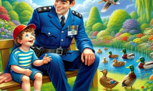 A smiling police officer in his thirties wears a bright blue uniform with a shiny badge on his chest. He has short brown hair and kind, sparkling eyes. He is sitting on a bench in a park, joyfully chatting with a six-year-old boy named Timmy, who has curly hair and a red hat. Timmy is wide-eyed with wonder, laughing and pointing at the ducks swimming in the pond. The park is lush, filled with colorful flowers and majestic trees, with a small pond where ducks are peacefully paddling. The sky is blue with a few fluffy white clouds, and the sun shines, creating a warm and cheerful atmosphere. The main scene shows the officer and Timmy sharing a friendly moment, with the officer explaining his job while watching over the boy, who dreams of becoming a police officer one day.