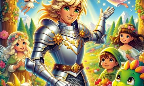 Een jonge ridder, met glanzende wapenrusting en een warme glimlach, staat in het midden van de scène en kijkt vastberaden naar een groep vrienden om zich heen. Zijn blonde haar waait in de wind en zijn ogen stralen hoop uit terwijl hij zijn hand naar zijn kameraden uitsteekt. Links van hem vliegt een kleine fee met glinsterende vleugels, in een jurk van bloemblaadjes, vrolijk lachend en met stralende ogen, terwijl ze kleurrijke vruchten meebrengt om te delen. Rechts van hem kijkt een schattige draak met groene schubben en zachte ogen nieuwsgierig toe, met zijn staart om een boom gewikkeld, klaar om zijn vriend te helpen. De plek is een betoverende open plek, omringd door grote bomen met gouden bladeren, met kleurrijke bloemen die dansen in de zachte bries. Een stralende regenboog doorkruist de blauwe lucht en voegt een magische toets toe aan de sfeer. De hoofdsituatie toont de ridder en zijn vrienden die samenkomen voor een groot feest, waarbij ze lachen en vruchten delen, wat de onderlinge hulp en vriendschap symboliseert, zelfs in moeilijke tijden.