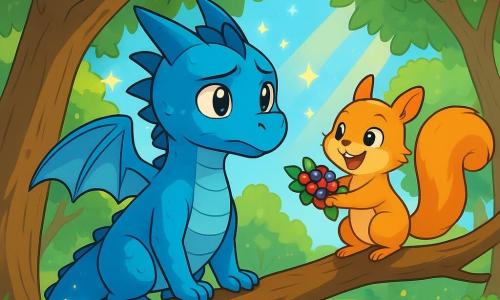Willow, a young dragon with bright blue scales and a shimmering tail, stands on a tree trunk, looking determined yet slightly anxious. His eyes shine with hope, and small stars twinkle around him, symbolizing his courage. Next to him, Pip, a fluffy golden squirrel, perches on a branch with a wide smile and sparkling eyes, holding a crown of colorful berries he made for Willow. The setting is a sunny clearing in the heart of the Ancient Willow forest, surrounded by majestic trees with vibrant green leaves, colorful flowers scattered on the ground, and sunlight filtering through the branches. Willow and Pip are preparing for a grand picnic, surrounded by their animal friends, sharing laughter and smiles while celebrating strength and friendship.