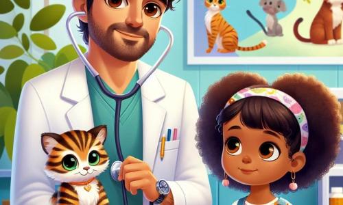 O Dr. Pedro é um homem de cerca de quarenta anos, com cabelos castanhos levemente encaracolados e uma barba bem aparada. Ele usa um jaleco branco de veterinário e um estetoscópio ao redor do pescoço, exibindo um sorriso caloroso enquanto examina uma pequena gata chamada Lili, que tem pelagem listrada e olhos verdes brilhantes. Ao seu lado, Ana, uma menina de 8 anos com cabelos castanhos encaracolados e olhos curiosos, observa atentamente. Ela usa uma camiseta colorida com estampas de animais e um short jeans, segurando um pequeno caderno nas mãos, pronta para anotar o que aprende. A cena acontece em uma clínica veterinária iluminada e acolhedora, com paredes pintadas de azul pastel, cartazes de animais pendurados e brinquedos para pets espalhados pelo chão. Plantas verdes adicionam um toque de natureza ao ambiente. Na ilustração, o Dr. Pedro escuta o coração de Lili com seu estetoscópio, enquanto Ana, encantada, observa a cena com um grande sorriso, sonhando em se tornar veterinária também.