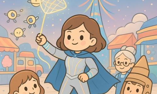 Astra Quill, a smiling but focused heroine with a determined, kind expression, meteor-blue cape floating, silver suit with thin glowing gold lines and luminous Quill-Bands on her wrists, casts a luminous filament net to catch small moon-symbol drones in a dynamic, slightly crouched pose; a ~6-year-old girl holding a three-eyed alien plush looks at Astra from the left foreground, a ~8-year-old boy with a cardboard helmet and admiring smile stands near a snack stand to Astra’s right, and Juniper Glint, a ~60-year-old inventor with round glasses on her head and sparkly overalls, offers a star-shaped Calm-Caster from behind; the setting is SparkFest Grand Esplanade with mica-like paved ground, floating planet lantern garlands, colorful booths (rocket snack truck, bubble stall) and a central Sky-Spinner tower sending multicolored light ribbons into the twilight; calm-action scene of drones being netted above a cotton-candy stand while the crowd retreats safely amid soft lights and confetti, festive and reassuring mood; kawaii minimal style, rounded shapes, clean outlines, bright pastel palette (meteor blue, silver, gold, pale pink), soft shadows, smooth textures and a clear, child-friendly composition.