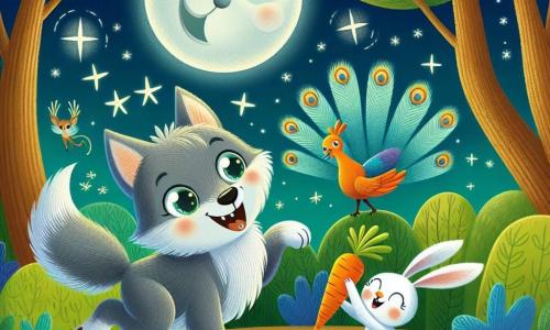 Un lup cu ochi strălucitori și blană gri-argintie, cu un zâmbet larg pe față, dansează vesel în mijlocul unei poieni iluminate de lună. Lângă el, un iepuraș cu urechi mari și albe, cu un aer jucăuș, sare de bucurie ținând în picioare o bucată de morcov portocalie. Nu departe, un păun magnific cu pene colorate, desfăcându-și coada strălucitoare, privește cu uimire scena. În fundal, poiana este înconjurată de copaci cu frunze verzi și un cer înstelat, creând o atmosferă magică și nocturnă. Situația principală arată lupul și prietenii săi celebrând descoperirea unui morcov uriaș, împărtășind râsete și bucurie în această aventură nocturnă plină de surprize.