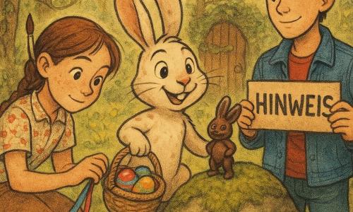Ein fröhlicher, neugieriger anthropomorpher Hase Hoppel mit cremeweißem Fell und hellbraunen Flecken, großen weichen Ohren und haselnussbraunen Augen hält einen kleinen Weidenkorb voller bunter Ostereier und hat eine Pfote auf einem moosbedeckten, sprechenden Felsen; links hockt das sommersprossige Mädchen Leni mit braider Haarzopf, Blumenbluse und Pinsel hinter dem Ohr, konzentriert ein buntes Band an einen Ast bindend, rechts steht der Teenager Emir mit zerzausten schwarzen Haaren und Jeansjacke, stolz-innig und hält eine kleine Kraftpapier-Pinnkarte mit handgeschriebenem Hinweis; auf dem Felsen sitzt die freche Schokoladenfigur Kalle in Hasengestalt mit Händen in die Hüften; Schauplatz: frühlingshelle Waldlichtung mit grüner Wiese, gelben und violetten Wildblumen, teils vergrabener glatter Fels, Baumstämme mit Lianen und einer kleinen Holztür hinter Brombeerlaub, goldener Morgenlichtschein; Szene: drei Freunde bereiten eine magische Eiersuche um den sprechenden Felsen vor, warme bunte Atmosphäre, sichtbare Texturen (taktiles Moos, raue Rinde, glänzende Eifarbe, Kraftpapier), Stil: sanfte, leicht strukturierte Illustration wie ein Druck auf Zeitungspapier mit weicher, frühlingshafter Farbpalette.