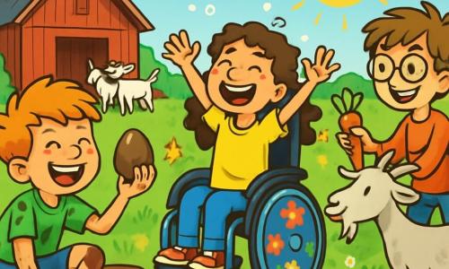 Er zijn 3 personages: - Sam: een 10-jarig jongen met rommelig rood haar, sproeten op zijn gezicht en een grote glimlach. Hij zit in de modder, lacht hard, met een chocolade-ei in één hand. - Noor: een 10-jarig meisje, zittend in een mooie rolstoel versierd met kleurrijke bloemen. Ze heeft lange, krullende bruin haar en draagt een felgele t-shirt. Ze lacht luid, met haar armen in de lucht, omringd door blije bellen. - Daan: een 10-jarig jongen met ronde bril en rommelig kastanjebruin haar. Hij staat, houdt een wortel in één hand en probeert de aandacht van een geit te trekken die naast hem staat, met een grappige blik. De locatie is een groen veld, bezaaid met kleurrijke wilde bloemen, met een oude houten schuur op de achtergrond. Hennen pikken de grond en een groep nieuwsgierige geiten komt dichterbij, klaar om kattenkwaad uit te halen. De lucht is blauw met enkele pluizige witte wolken en de zon schijnt vrolijk. De belangrijkste situatie toont Sam, Noor en Daan die samen plezier hebben in de modder, lachend nadat ze een chocolade-ei in het kippenhok hebben gevonden. Sam is bedekt met modder, Noor lacht hard, en Daan probeert een geit te laten dansen, wat een scène vol vreugde en kameraadschap creëert.