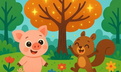 Un pequeño cerdito rosa llamado Toto, con grandes ojos brillantes y una sonrisa alegre, está frente a un árbol mágico con ramas centelleantes, iluminado por pequeñas luces doradas. A su lado, una ardillita marrón llamada Chispa, con una cola en forma de penacho y ojos chispeantes, salta de alegría, con las patas en el aire. El escenario es un bosque encantado, lleno de flores coloridas, hojas verdes y un cielo azul claro. Toto y Chispa descubren juntos el misterioso árbol que brilla en la noche, llenos de asombro y emoción.