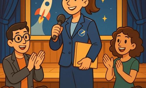 Elena, astronauta, sonriente y segura, cabello castaño en coleta, traje azul semi-formal con insignia espacial, con micrófono y carpeta luminosa en el centro del escenario; Luis, ingeniero, piel clara, gafas redondas, cabello corto negro, chaqueta gris y camiseta naranja, a la izquierda aplaudiendo; Ana, colega, cabello rizado castaño, vestido verde, aplaudiendo a la derecha; gran auditorio moderno con butacas rojas, pantalla con cohete estilizado y estrellas, iluminación ámbar y cortinas azul noche; Elena presenta su misión espacial ante un público entusiasta con luces de escenario y diapositivas coloridas, ambiente de asombro y unión.