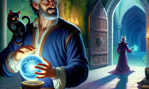 Într-o vastă sală subterană, un bărbat pe nume Gheorghe, de circa patruzeci de ani, cu o barbă groasă și gri, poartă o tunică medievală din catifea albastră. Are o privire hotărâtă și protectoare, ținând în mâini un glob magic luminos, în timp ce un zâmbet ușor îi apare pe față. Lângă el, Miauțica, o pisicuță neagră cu ochi strălucitori, stă pe umărul său, privind cu curiozitate globul, pregătită să-și ajute prietenul. Sala este decorată cu pereți din piatră veche, acoperiți cu iederă verde, iar o lumină blândă emană din glob, proiectând umbre dansante pe podea. În fundal, o mare ușă din lemn sculptat, împodobită cu simboluri misterioase, lasă să se întrevadă întunericul unui coridor. Situația principală îl arată pe Gheorghe stând ferm în fața globului magic, pregătit să-și apere secretul împotriva unui vrăjitor malefic care a apărut dintr-un nor de fum colorat, râzând diabolic. Atmosfera este atât tensionată, cât și magică, plină de mister și aventură.