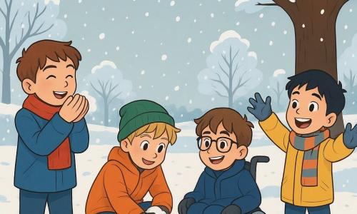 Er zijn 4 kinderen: - Finn: een 10-jarig jongen met kastanjebruin haar en glanzende ogen. Hij draagt een rode sjaal en een blauwe jas. Hij staat rechtop, glimlachend, terwijl hij warme lucht in zijn handen blaast. - Bram: een 11-jarig jongen met messy blond haar en roze wangen. Hij draagt een groene muts en een oranje jacket. Hij is in een hurkende positie en vormt een sneeuwbal met zijn handen. - Sam: een 10-jarig jongen met een bril en bruin haar. Hij zit in een rolstoel, gekleed in een marineblauwe jas. Hij lacht vrolijk terwijl hij naar zijn vrienden kijkt. - Luuk: een 9-jarig jongen met zwart haar en sprankelende ogen. Hij draagt een gestreepte sjaal en een gele jas. Hij maakt armbewegingen, alsof hij sneeuwvlokken wil vangen. De locatie is een winterpark, met grote bomen bedekt met fonkelende sneeuw. De grond is bedekt met een laag verse sneeuw, en sneeuwvlokken vallen zachtjes uit de lichtgrijze lucht. In de verte is er een licht besneeuwde houten bank en voetsporen die naar een majestueuze eik leiden. De belangrijkste situatie toont de kinderen die samen in de sneeuw spelen, lachend en zich vermakend. Finn blaast in zijn handen om zich op te warmen, terwijl Bram een sneeuwbal vormt. Sam, in zijn rolstoel, glimlacht terwijl hij naar zijn vrienden kijkt, en Luuk springt om sneeuwvlokken uit de lucht te vangen. De sfeer is vrolijk en levendig, met gelach dat in de koude lucht weerklinkt.