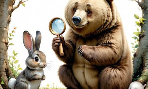 Un grande orso bruno, dolce e attento, si inginocchia accanto a una buca nel terreno e osserva piccole tracce con una lente di legno; una coniglietta grigia dalle grandi orecchie rosa, gioiosa, fiuta il terreno e indica un piccolo filo di stoffa rosso; un piccolo riccio timido, con aculei arrotondati e una sciarpetta rossa, sembra imbarazzato ma sollevato e tiene un sacchetto di foglie vicino al ruscello; una volpe maliziosa ma amichevole, dal pelo rossiccio, sorride osservando vicino ai filari di pomodori; luogo: un orto luminoso e colorato sul bordo di un ruscello con file di carote arancioni, foglie verdi, terra scura e umida, pietre lisce, un cumulo di compost e qualche lucciola; scena principale: indagine sulle carote scomparse con indizi visibili (pezzetti di carota, piccole impronte rotonde, un filo rosso), atmosfera calda e luminosa, composizione centrata sull'orso detective e la scoperta degli indizi.