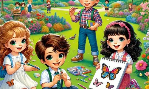 In un grande parco verdeggiante, cinque bambini si divertono insieme. Marco, un ragazzo di 11 anni con capelli castani e occhi brillanti, è in piedi al centro, tenendo un grande quaderno da disegno. Alla sua destra, Giulia, una ragazza di 11 anni con capelli castano ricci, sorride mentre tiene dei pastelli. A sinistra, Luca, un ragazzo di 10 anni con occhiali e capelli biondi, guarda un piccolo tesoro che ha trovato. Sara, una ragazza di 10 anni con lunghi capelli neri, è seduta per terra, circondata da fiori, mentre disegna una bella farfalla. Infine, Matteo, un ragazzo di 11 anni con capelli castani e lentiggini, ride mentre tiene un sacchetto pieno di caramelle. Il parco è pieno di fiori colorati, con ciliegi in fiore che aggiungono un tocco di rosa al paesaggio. L'erba è di un verde brillante e il cielo è di un blu puro, punteggiato da alcune nuvole bianche e soffici. I bambini sono attivi, celebrando la primavera con una caccia al tesoro, ridendo e incoraggiandosi mentre cercano indizi nascosti tra i fiori e gli alberi, scoprendo le meraviglie della natura che li circonda.