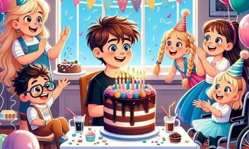 In una stanza colorata, Luca, un bambino di cinque anni con capelli castani disordinati e un grande sorriso, è al centro, mentre tiene una grande fetta di torta al cioccolato. Alla sua destra, Sofia, una ragazza di cinque anni con capelli biondi intrecciati e occhiali, ride mentre tiene un palloncino blu. A sinistra, Carla, una ragazza in sedia a rotelle con capelli castani e un bel vestito rosa, applaude con entusiasmo. La stanza è decorata con palloncini colorati, festoni scintillanti e un grande tavolo pieno di dolci: un'enorme torta al cioccolato, caramelle multicolori e bicchieri di succo di frutta. La scena principale mostra Luca che soffia sulle candeline della sua splendida torta di compleanno, circondato dai suoi amici che lo incoraggiano gioiosamente, creando un'atmosfera festosa e piena di felicità.