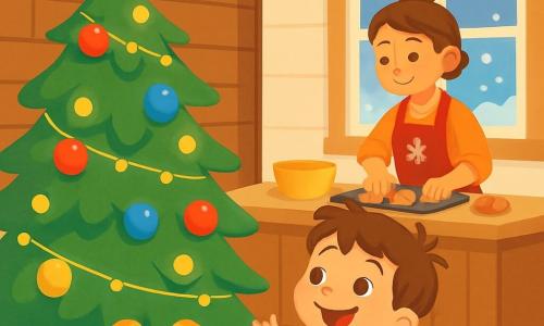 Un niño pequeño de 2 años, Lucas, con cabello castaño desordenado y ojos brillantes de alegría, mira maravillado un gran árbol de Navidad decorado con bolas de colores y una estrella brillante en la cima. Lleva un pijama azul con dibujos de renos y una gran sonrisa iluminada por la luz de las guirnaldas. Su mamá, una mujer de unos 30 años con cabello castaño recogido en un moño, está preparando pasteles en la mesa de la cocina, rodeada de deliciosos olores a canela. Lleva un delantal rojo con copos de nieve. La escena se desarrolla en una acogedora casa de madera, con paredes pintadas de blanco y ventanas decoradas con copos de nieve. Afuera, la nieve cae suavemente, cubriendo el jardín con un espeso manto blanco. Lucas, emocionado, extiende la mano hacia un gran regalo colorido debajo del árbol, con los ojos brillantes de anticipación y felicidad.